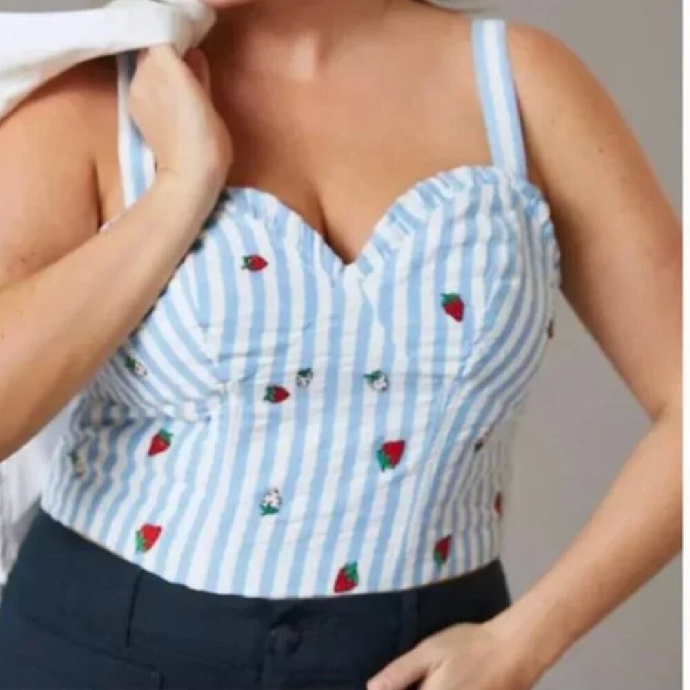 ⭐️ Maeve Striped Embroidered Strawberry Fruit Hipster Hippie Artsy Hip Blouse